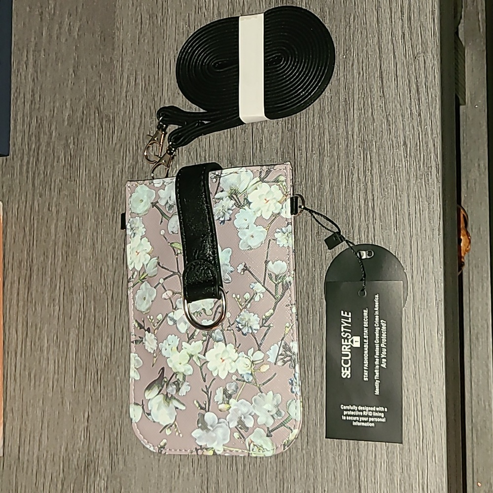 Floral Phone Wallet with Strap - Black and Pink